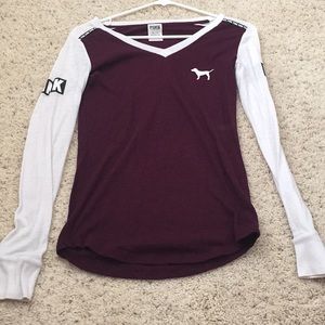 Pink long sleeve shirt in maroon and white